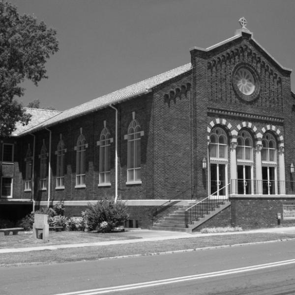 Black-and-white view of Asbury United Methodist Church, 2010.