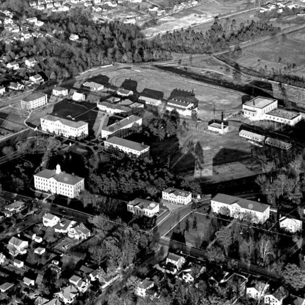 Black-and-white aerial view of NCC campus, 1950.