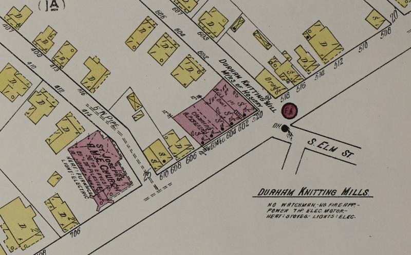 1913 Sanborn Map showing Durham Knitting Mills on Fayetteville Street.