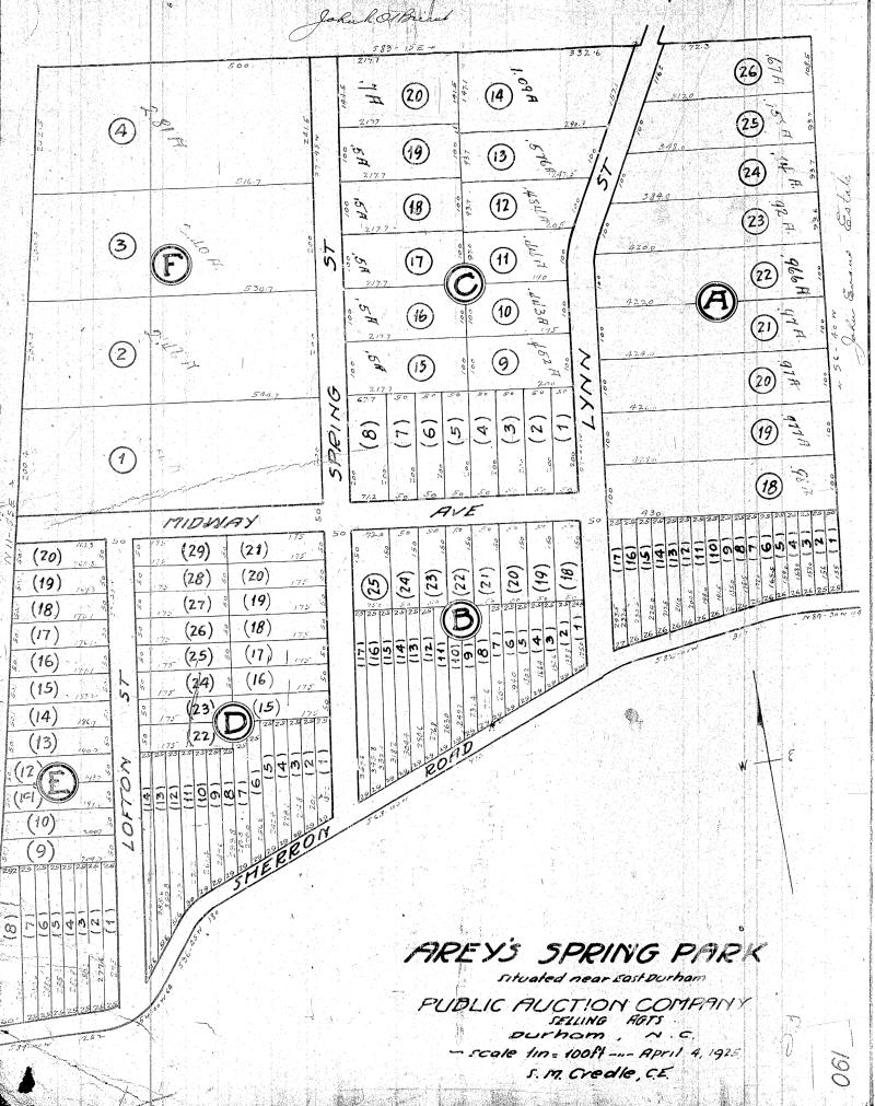 1925 plat map for Arey's Spring Park subdivision.