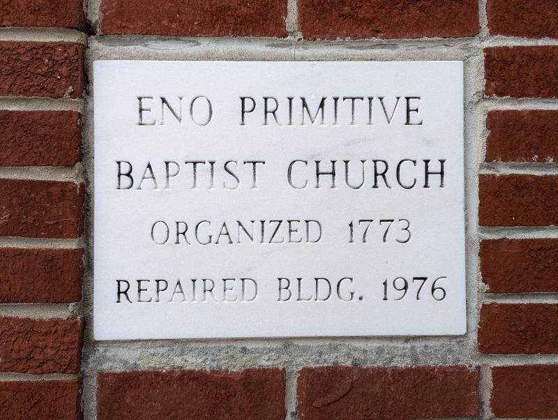 Dedication stone for Eno Primitive Baptist Church.