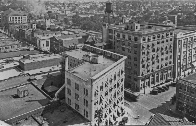View southeast from Washington Duke Hotel, including Geer and First National Bank buildings, 1920s.