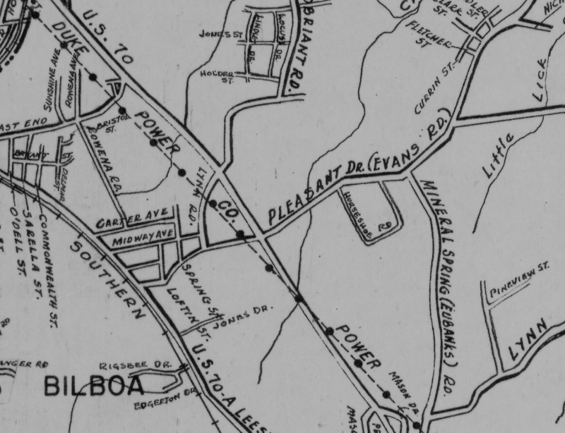 Fragment of 1948 Durham County map showing Pleasant Drive.