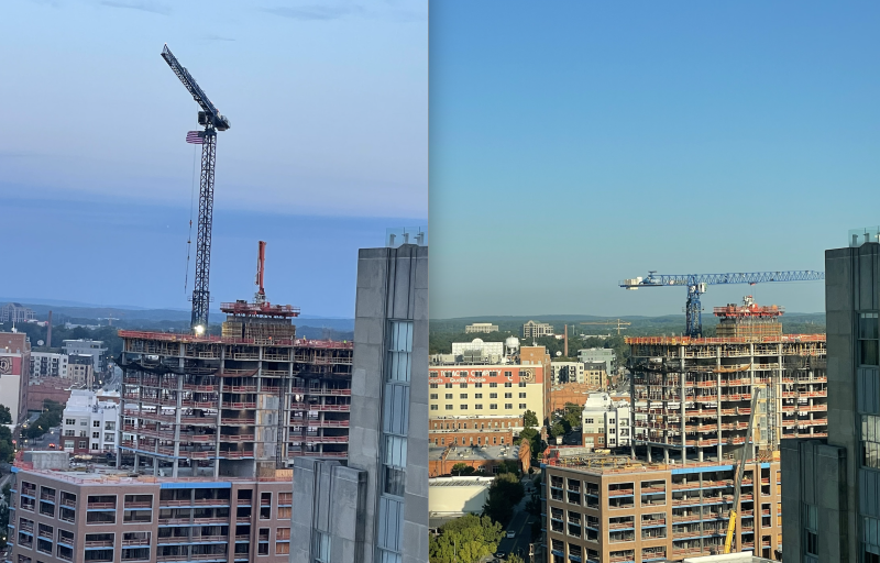 Picture of a tower crane at two different heights at the Novus building under construction