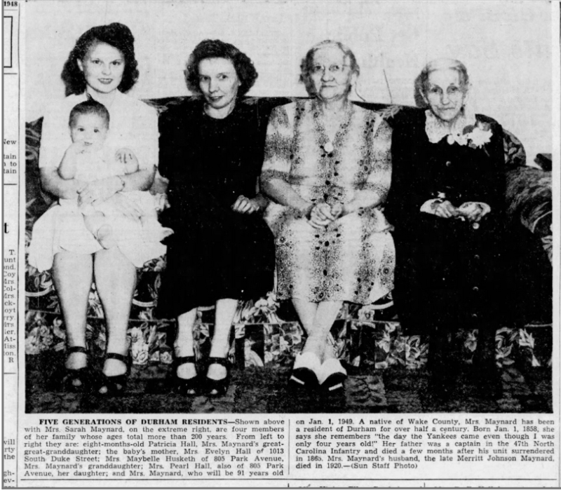 Sarah Maynard, far right, at age 91, with four generations of her family.