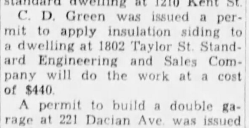 A 1950 newspaper clip describes work completed on 1802 Taylor St.