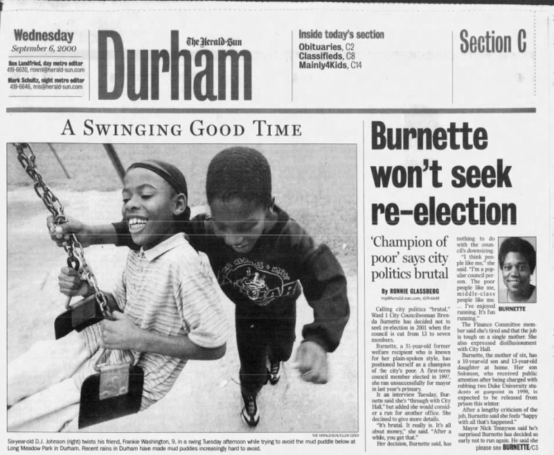 Herald Sun, Burnette article, "Burnette won't seek re-election"