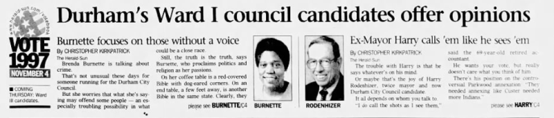 Durham Herald Sun article, Brenda Burnette, "Ward I council candidates offer opinions"