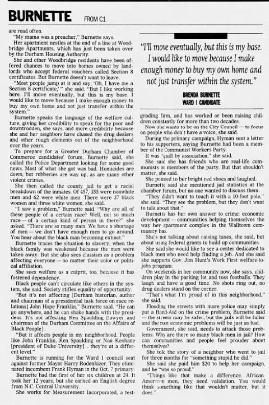 Durham Herald Sun article, Brenda Burnette, Durham's Ward I council candidates offer opinions" continued