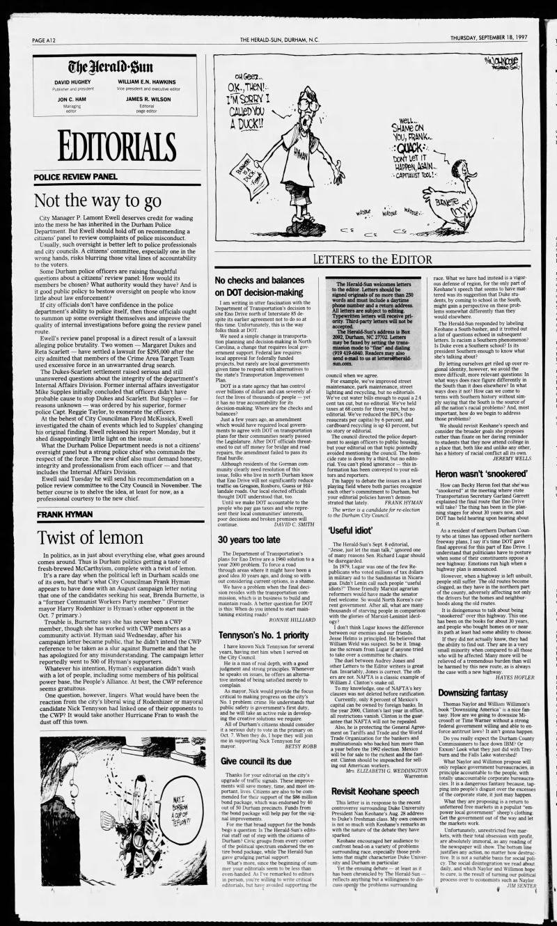 Durham Herald Sun, article and political cartoon about Frank Hyman calling Brenda Burnette a communist
