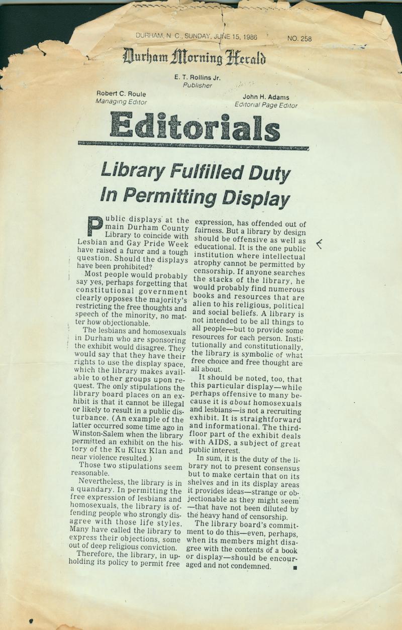 Durham Morning Herald Editorial, "Library Fulfilled Duty in Permitting Display," June 15, 1986