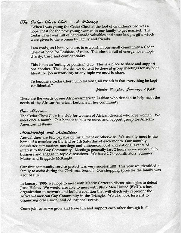 Cedar Chest Information Sheet, January 1994