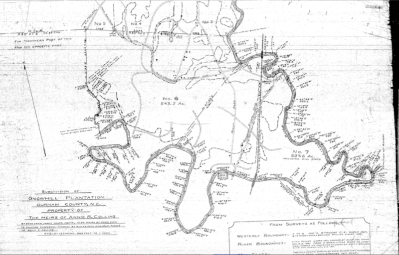 1921 Survey of the Cameron-Collins lands at the south side of Snow Hill Plantation. The loopy bend near the bottom left would soon pass into the ownership of Henrietta Collins. Note: no presence of a canal or channel is documented along the loopy bend to the west of Penny's Bend.