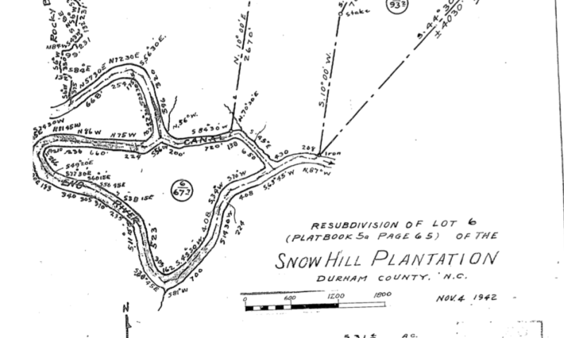 A land survey from 1942, detailing a sharp bend in the Eno River, about a quarter mile upstream (west) of Penny's Bend. The word "canal" appears for the first time on this map; all previous maps of the area show the loopy bend without a channel rerouting the river.