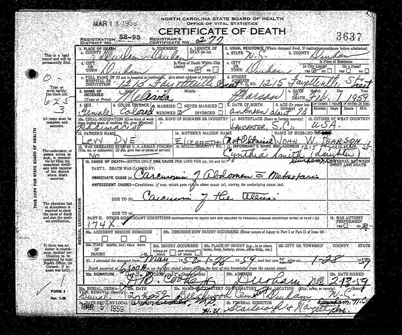 Melavia Pearson Death Certificate