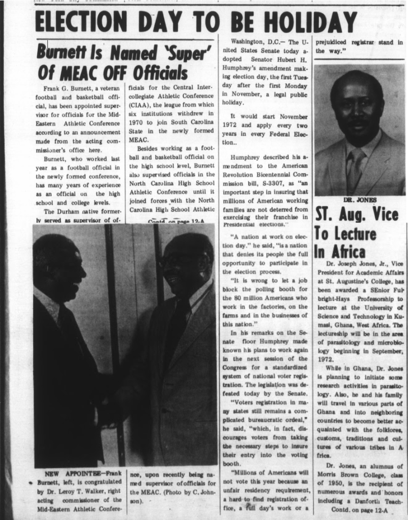 Carolina Times article in 1972, mentioning Frank Burnett
