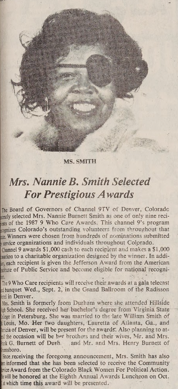 Nannie Burnett Smith awarded, The 9 Who Care awards