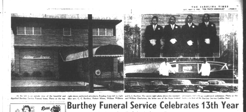 front page of Carolina Times celebrating 13th anniversary of Burthy Funeral Home