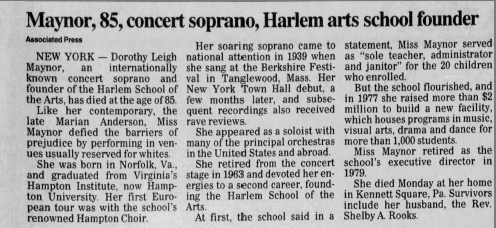 Page of Herald Sun recognizing Dorothy Maynor founding Harlem arts school