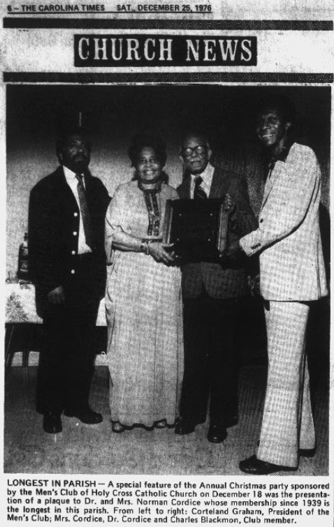 clip from Carolina Times showing the Cordices receiving award from the Holy Cross Catholic Church