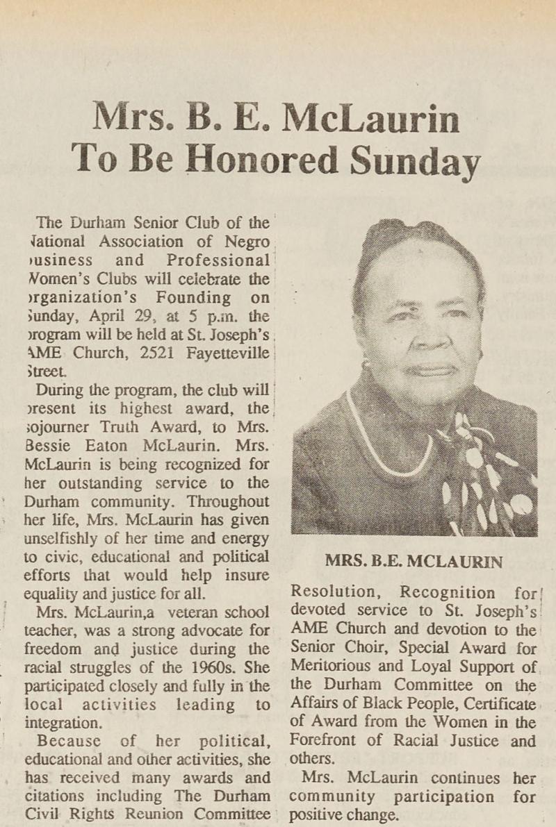 Mrs. B.E. McLaurin To Be Honored Sunday