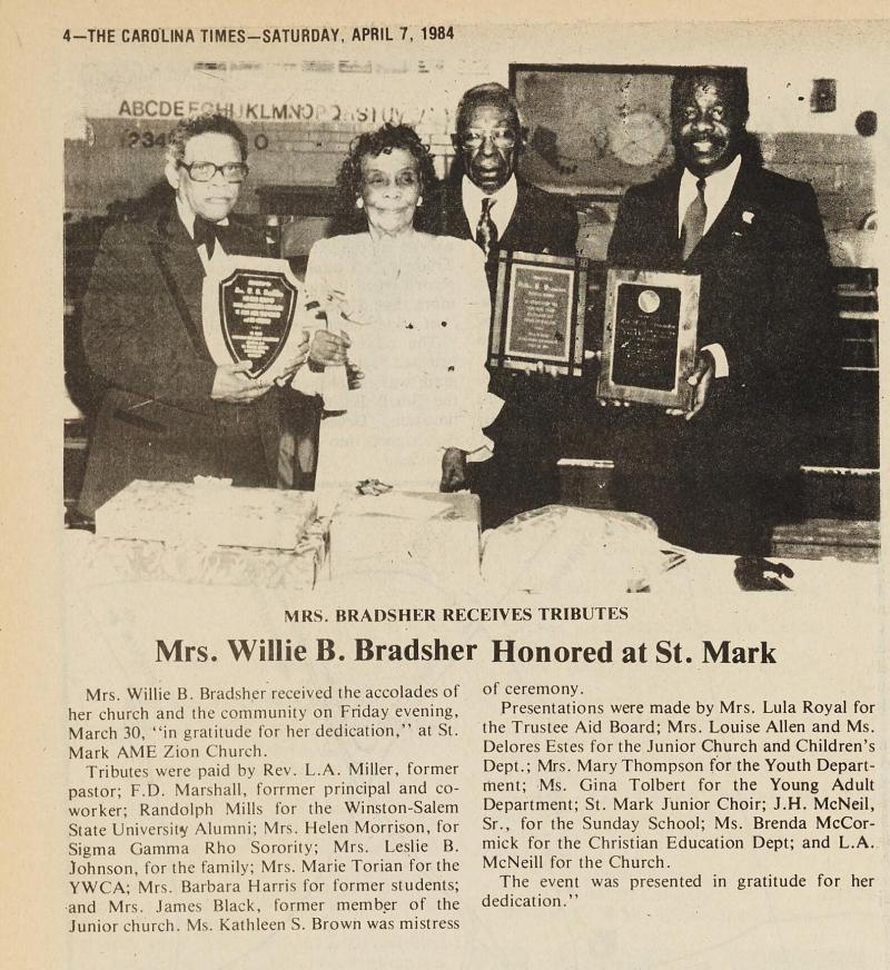 Newspaper article on Mrs. Willie B. Bradsher being honored at St. Mark Church