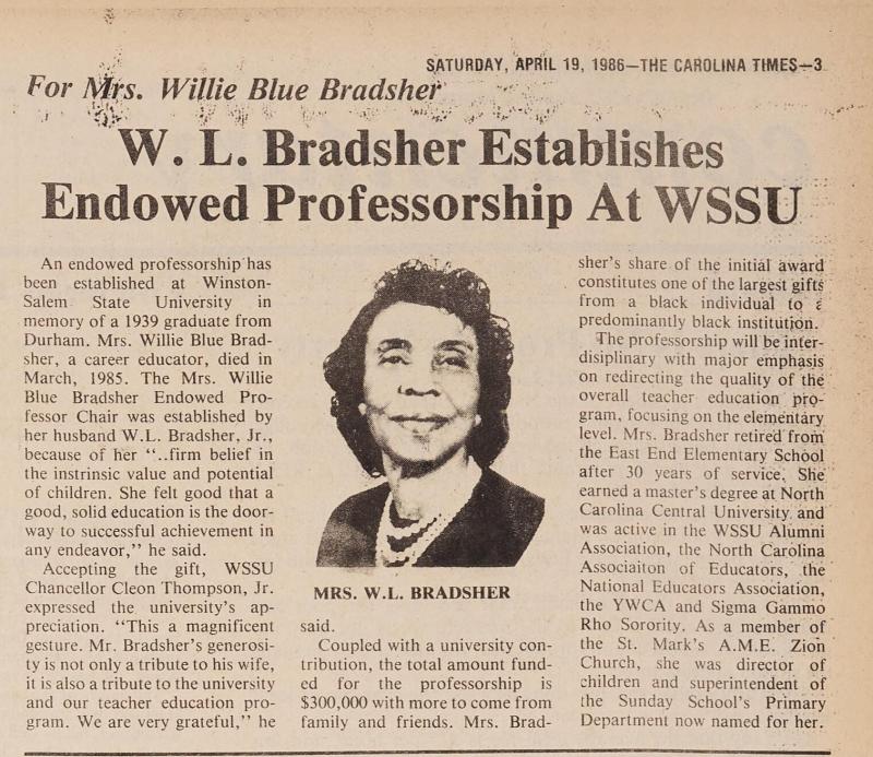 Newspaper article on W.L. Bradsher establishing an endowment professorship at WSSU