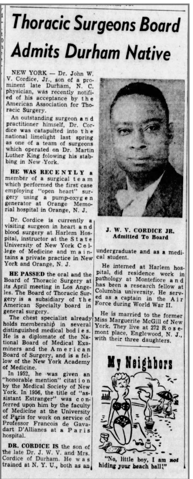 J.W.V. Cordice Jr Admitted to Thoracic Surgeons Board