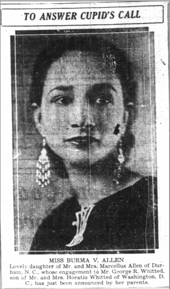 A portrait picture of Burma V. Allen attached to her engagement announcement that was published in the New Pittsburgh Courier (April 13, 1935).