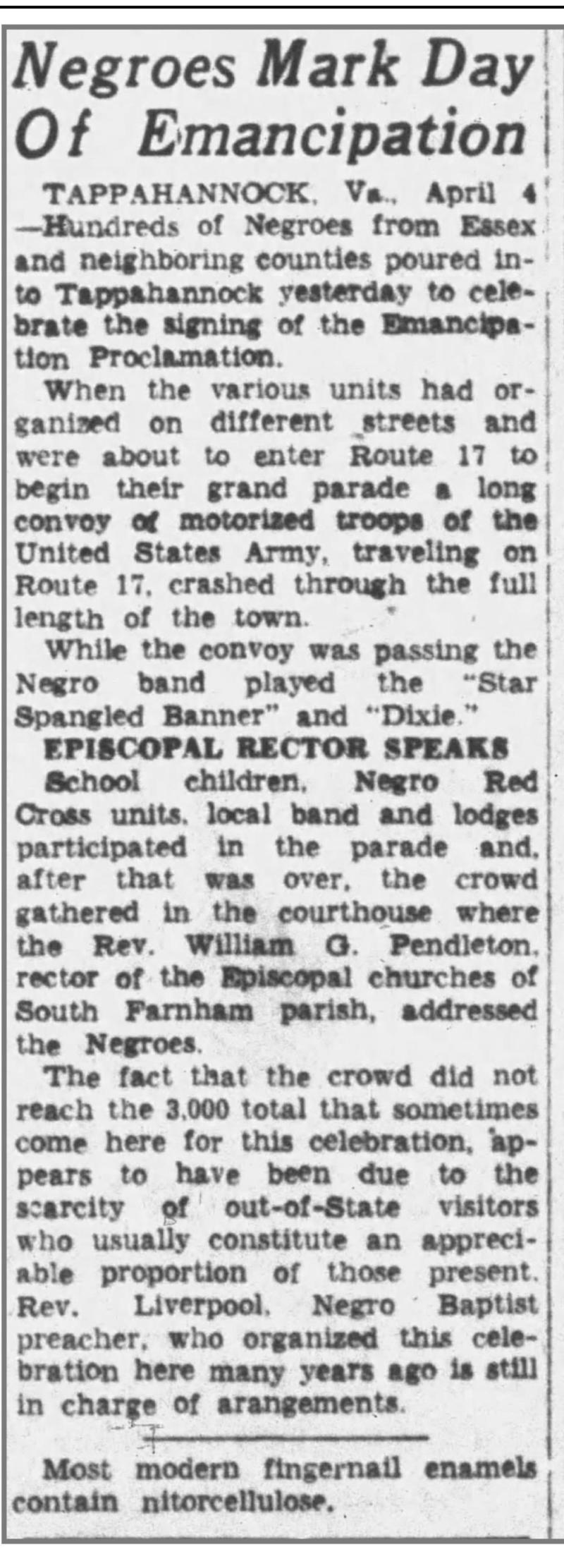 Newspaper article on Emancipation Proclamation Day celebration