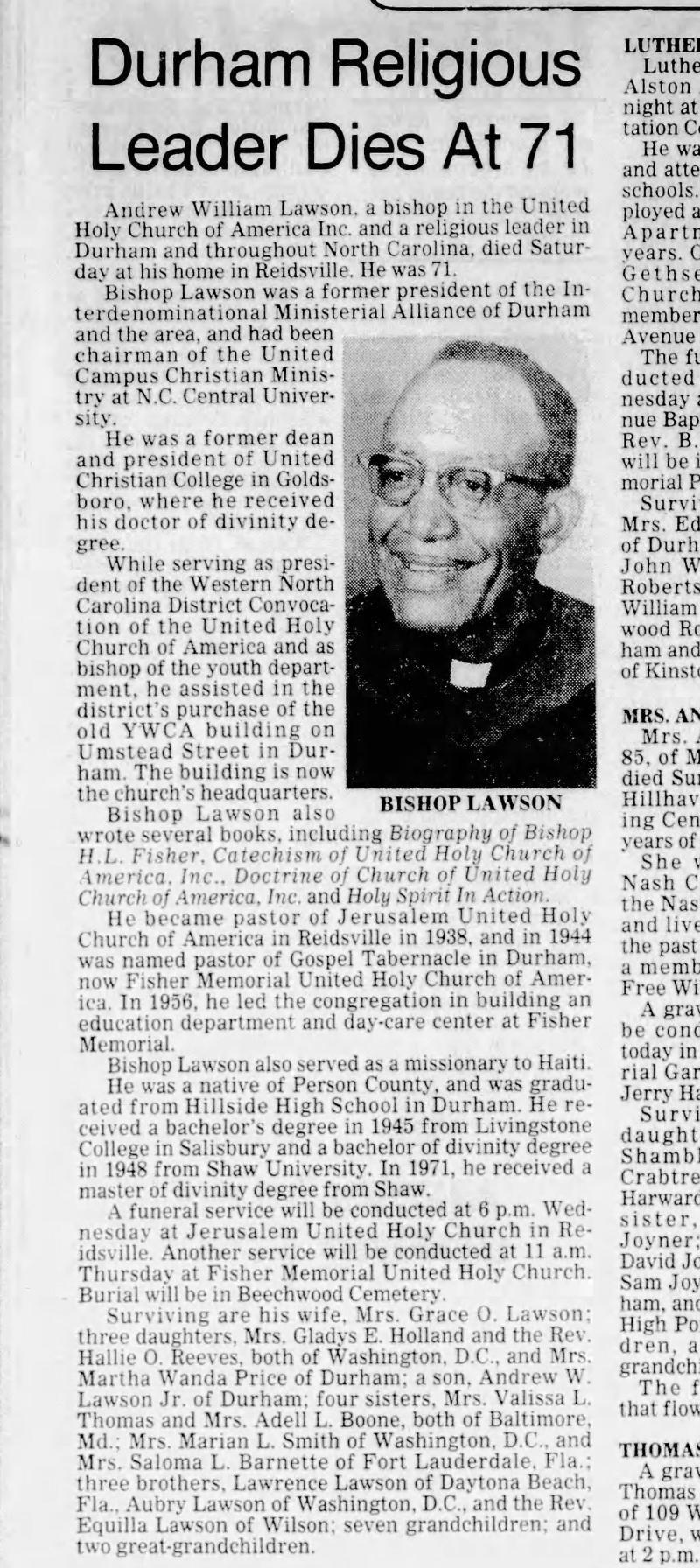 Rev. Andrew William Lawson Death Announcement