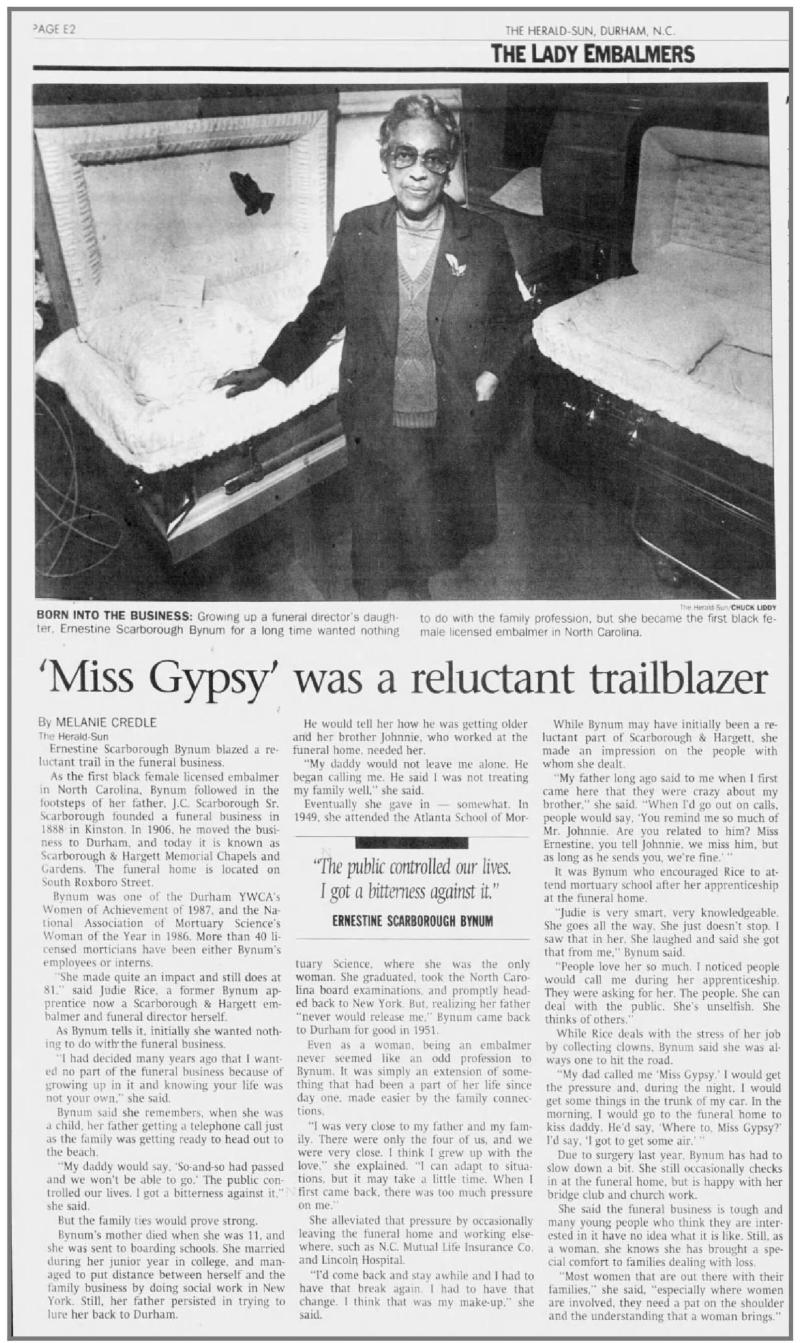 Newspaper article clipping on Ernestine S. Bynum