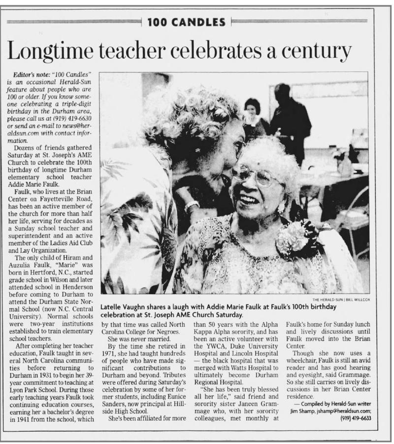 Newspaper article on Addie Marie Faulk's 100th birthday