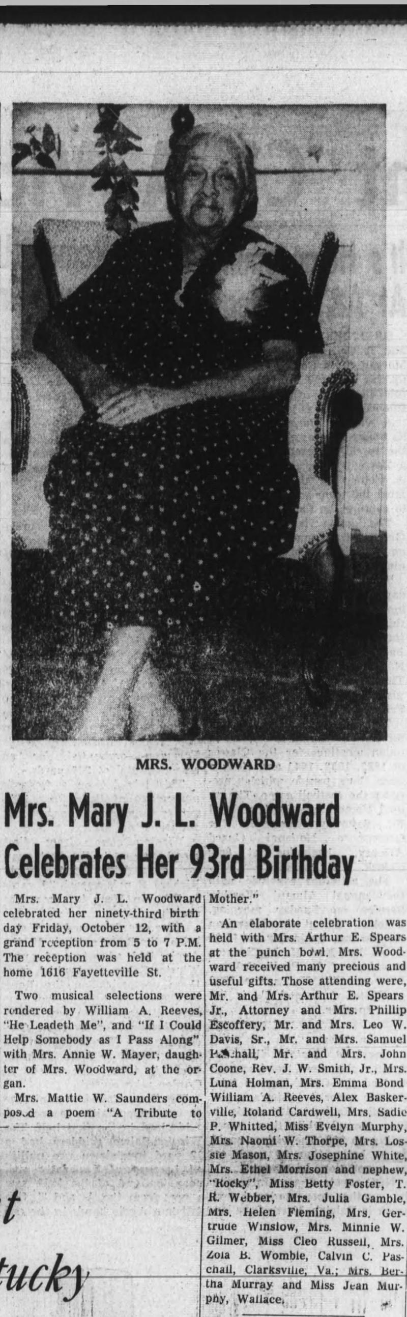 Article on Mary J. L. Woodward Celebrating Her 93rd Birthday