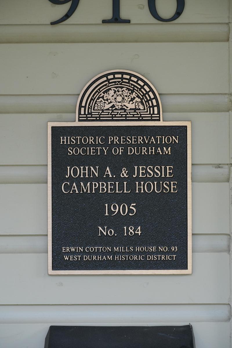 Picture of Preservation Durham Plaque on the John A. and Jessie Campbell House
