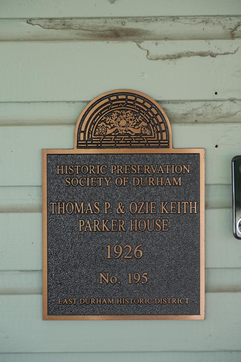 Picture of Preservation Durham Plaque on the Thomas P. & Ozie Keith Parker House