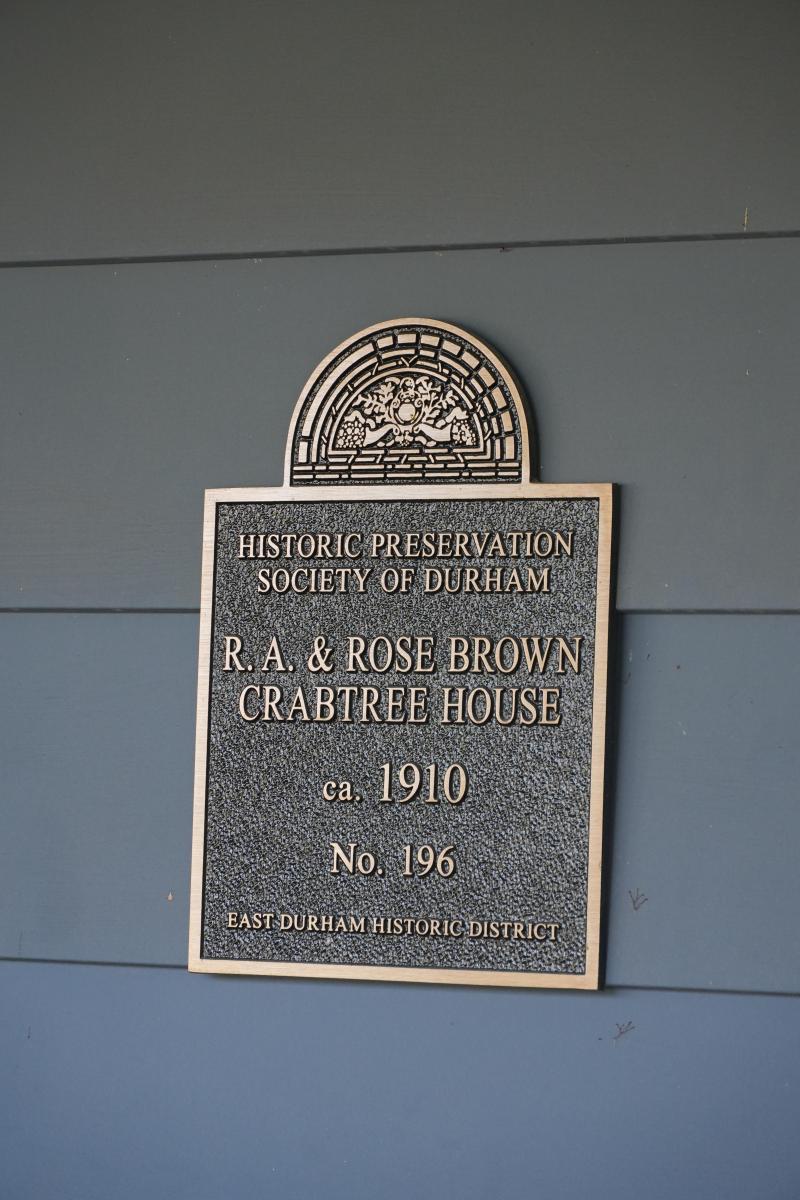 Picture of Preservation Durham Plaque on the R.A. & Rose Brown Crabtree House