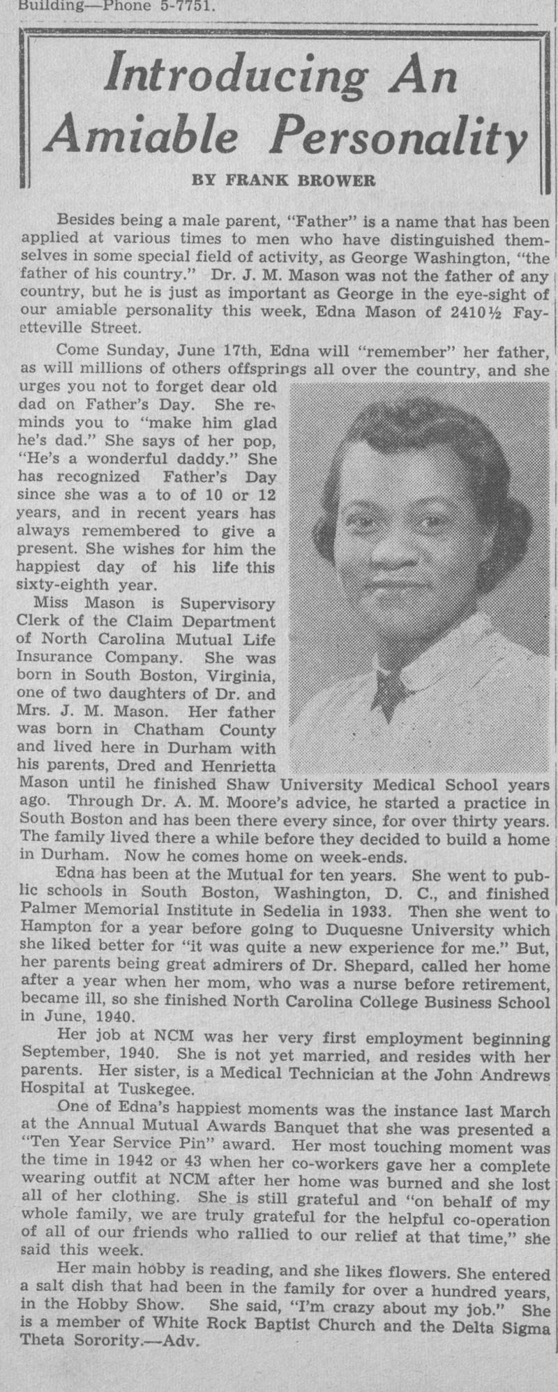 Newspaper article on Edna M. Mason