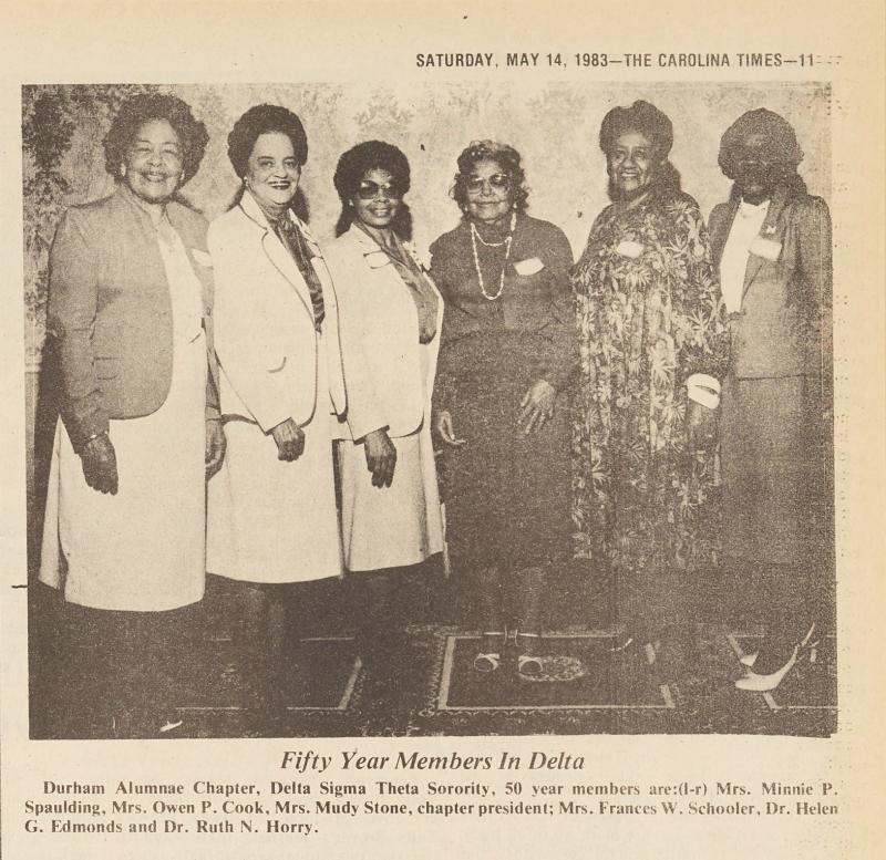 Newspaper article on Durham Alumnae Chapter members celebrating 50 year anniversary