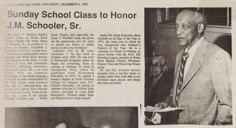 Newspaper article on J.M. Schooler being honored