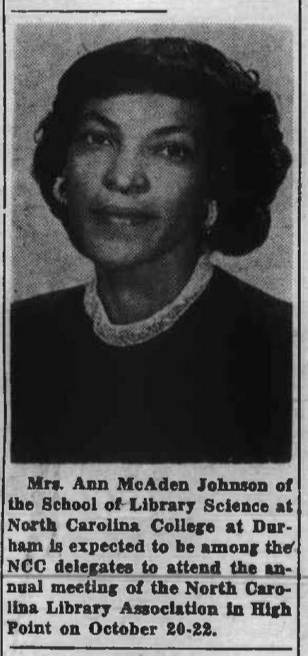 Newspaper article on Ann McAden Johnson attending annual meeting of North Carolina Library Association