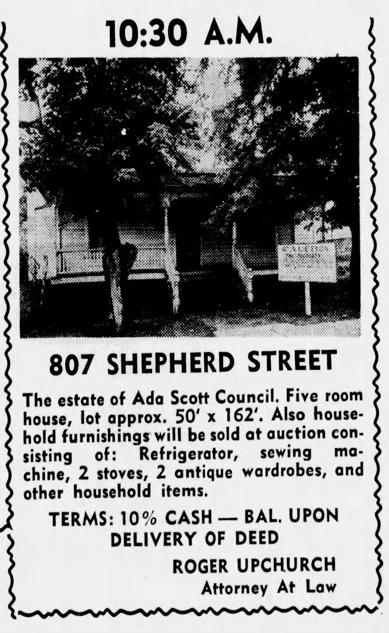 At Auction July 22, 1961 - 807 Shepherd Street