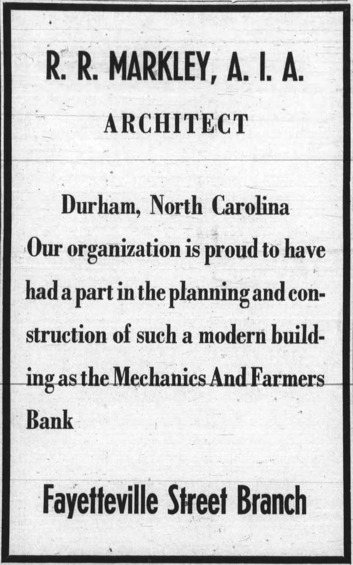 1954 newspaper ad for R. R. Markley, architect.