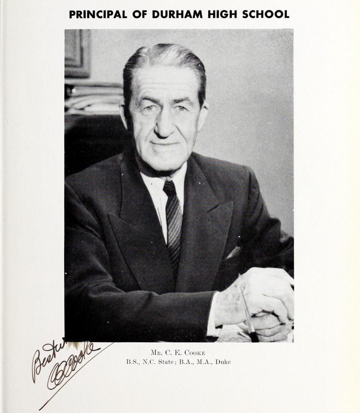 1957 yearbook photo of Durham High School principal, Cecil Cooke.