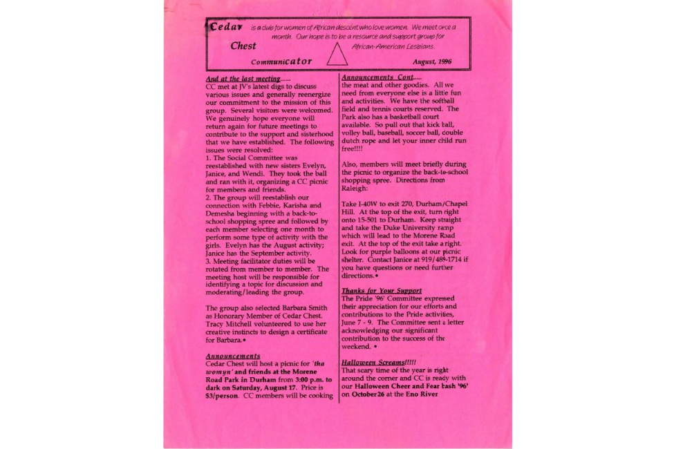 Cedar Chest Flier, August 1996