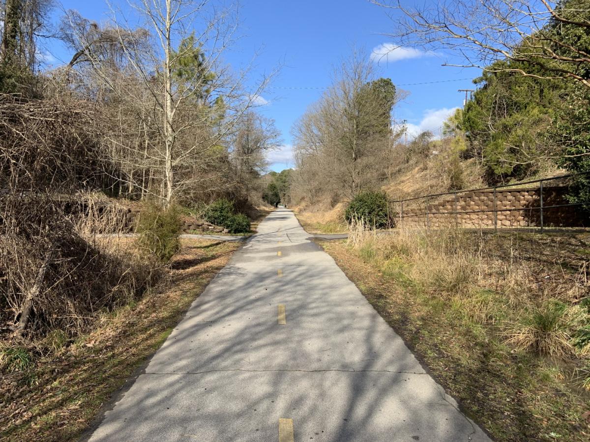 View of where the Apex Street Bridge once stood over the American Tobacco Trail, 1/28/2021