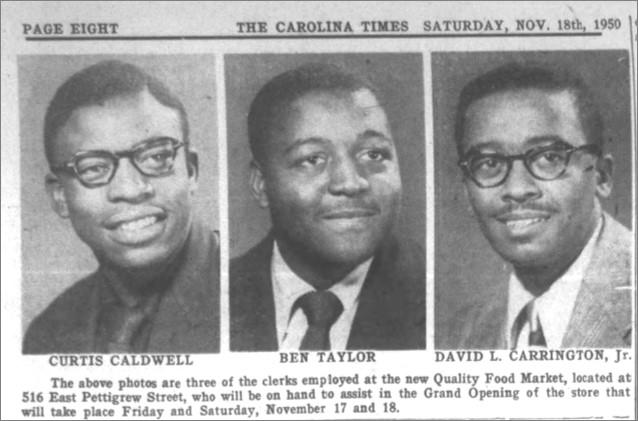 Quality Food Market 1950 opening newspaper blurb with photos of three clerks