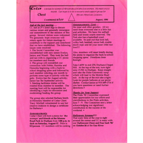 Cedar Chest Flier, August 1996