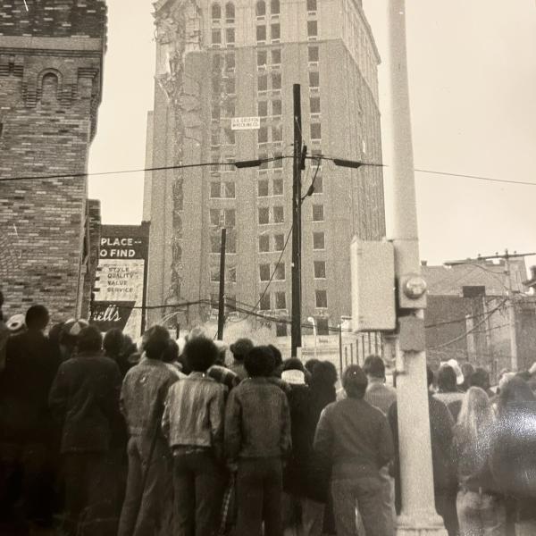 This photo shows the implosion of the Jack Tar Hotel