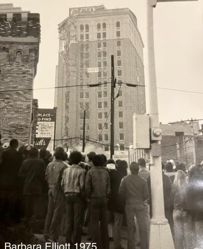 This photo shows the implosion of the Jack Tar Hotel